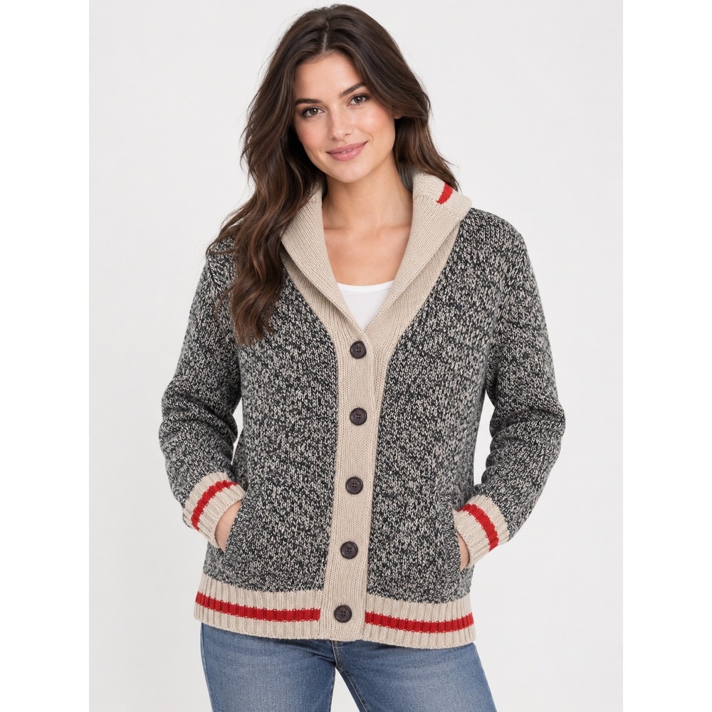 Bluenotes Cardigan Sweater Womens L Grey Marled Shawl Collar Button Front Stripe